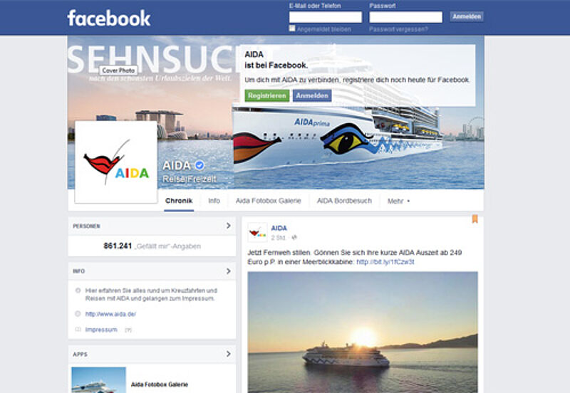 Mit über 850.000 Fans ist Aida der erfolgreichste Facebooker unter den großen Reiseveranstaltern Mit über 850.000 Fans ist Aida der erfolgreichste Facebooker unter den großen Reiseveranstaltern
