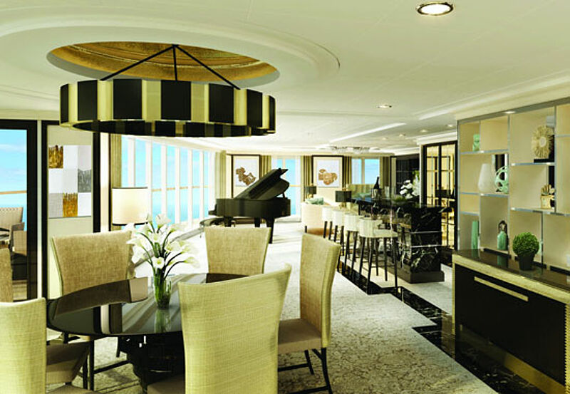 Die Regent-Suite – hier auf der Sevens Seas Explorer – bietet 413 Quadratmeter Wohnraum und 132 Quadratmeter Außenfläche