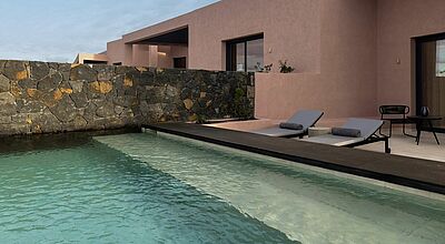 Das Domes Novos Santorini bietet 50 Suiten und zwei Villen mit privatem Pool. Foto: Domes