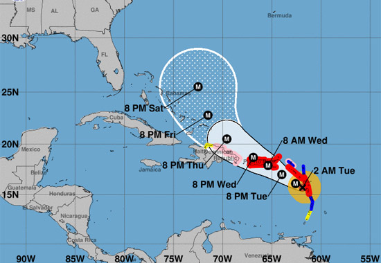 Auf der Internet-Seite des US-Hurrikanzentrums NHC kann man den aktuellen Kurs von „Maria“ verfolgen