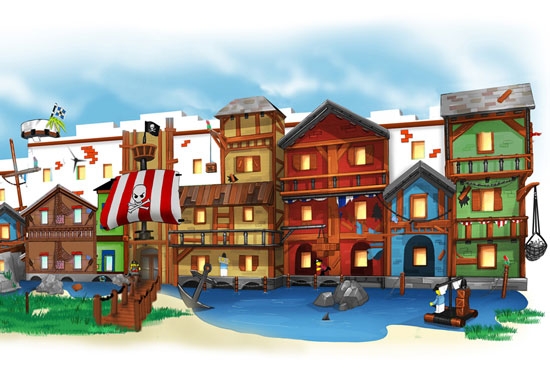 Rund um einen Spielplatz mit Piratenschiff entsteht das neue Familienhotel im Legoland