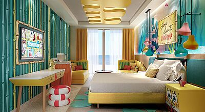 Ein Zimmer mit den Farben und Figuren von Spongebob