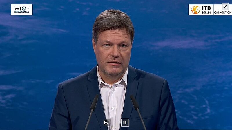 Bundeswirtschaftsminister Robert Habeck sprach ein Grußwort auf der virtuellen ITB. Screenshot: ta