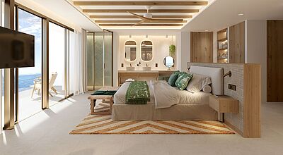 Das Modell eines Hotelzimmers auf Mallorca, die Gäste können vom Bett direkt auf das Meer schauen