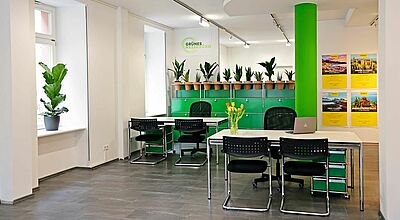 Pflanzen gehören fest zum Büro, die Möbel sind „second hand“