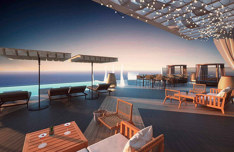Highlight im neuen Robinson Club Jandia Playa ist die Dachterrasse des Torre mit Bar und Pool
