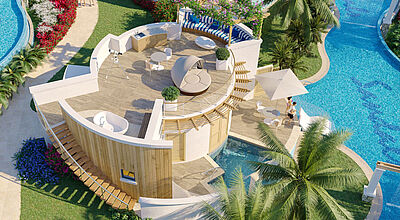 Die Coyaba Swim-Up Rondoval Butler Suites haben einen privaten Pool und eine großzügige Dachterrasse