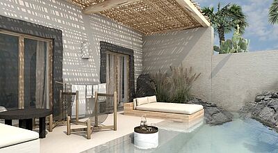 Eine der Suiten mit privatem Pool im neuen Radisson Blu Zaffron Resort, Santorini