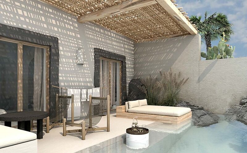 Eine der Suiten mit privatem Pool im neuen Radisson Blu Zaffron Resort, Santorini