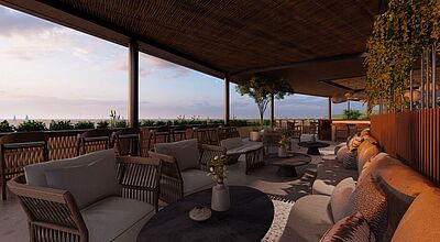 Von der Dachterrasse im Pnoe Breathing Life kann man bis zum Meer sehen