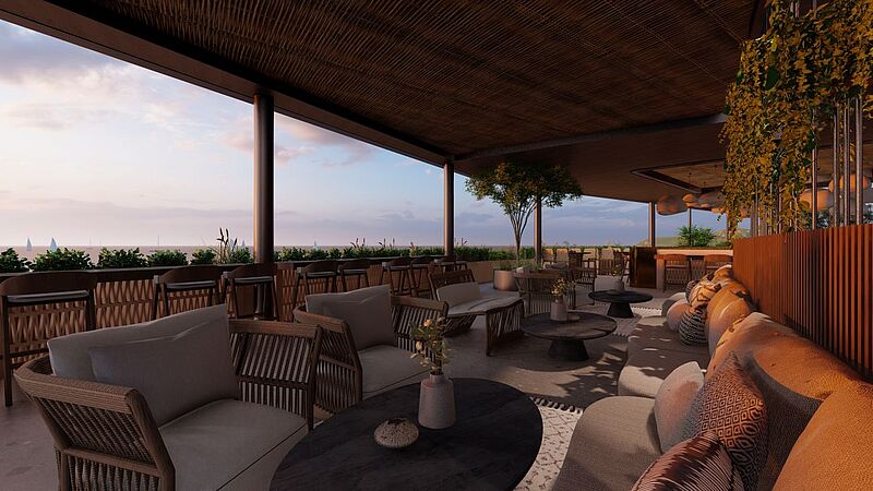 Von der Dachterrasse im Pnoe Breathing Life kann man bis zum Meer sehen