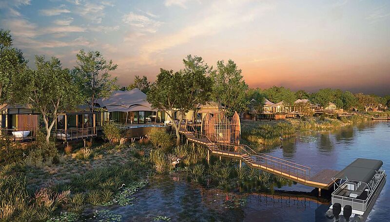 Das Anantara Kafue River Tented Camp will im April 2026 eröffnen Luxuriöses Anantara Tented Camp in Sambia – exklusive Safari-Zelte am Flussufer bei Sonnenuntergang, elegante Naturarchitektur mit Bootsanleger und tropischer Umgebung