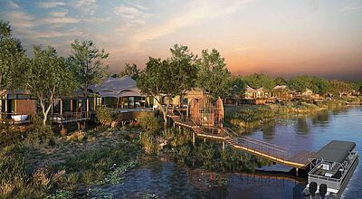 Das Anantara Kafue River Tented Camp will im April 2026 eröffnen Luxuriöses Anantara Tented Camp in Sambia – exklusive Safari-Zelte am Flussufer bei Sonnenuntergang, elegante Naturarchitektur mit Bootsanleger und tropischer Umgebung