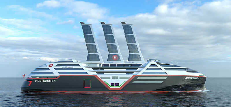 Ein Feature des geplanten emissionsfeien Hurtigruten-Schiffs: einfahrbare Segel mit Solarpanelen