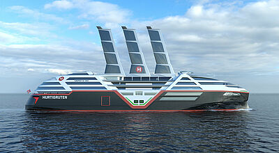 Ein Feature des geplanten emissionsfeien Hurtigruten-Schiffs: einfahrbare Segel mit Solarpanelen