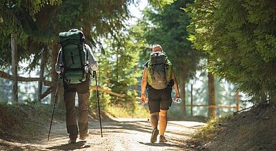 Zwei Wanderer mit großen Rucksäcken und Outdoor-Ausrüstung gehen auf einem sonnigen Waldweg, umgeben von hohen Tannen. Einer nutzt Trekkingstöcke, der andere trägt eine Wasserflasche. Das Licht fällt sanft durch das dichte Blätterdach.