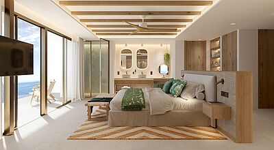 Blick in ein Hotelzimmer des Iberostar Selection Es Trenc auf Mallorca