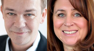 Franziskus Bumm und Sandra Dany komplettieren das Führungsteam der LCC Reisebüro AG. Zwei Porträtfotos nebeneinander: links ein lächelnder Mann mit kurzem Haar und hellem Hemd unter einem dunklen Sakko, rechts eine lächelnde Frau mit schulterlangem braunem Haar und dunklem Blazer. Beide blicken direkt in die Kamera.