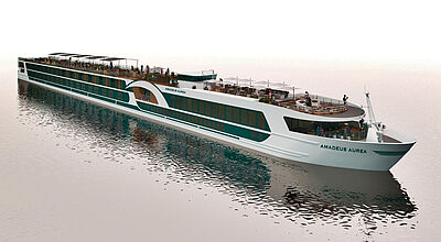 So soll der Amadeus-Neubau Aurea aussehen Ein Modellbild des neuen Schiffes Amadeus Aurea von Amadeus Flusskreuzfahrten