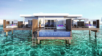 Im Riu Palace Maldivas gibt es auch Overwater-Bungalows mit privatem Pool. Modell: Riu Im Riu Palace Maldivas gibt es auch Overwater-Bungalows mit privatem Pool. Modell: Riu