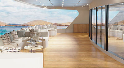 Eine der Lounges auf dem neuen Hermes Mega Catamaran. Modell: SLH Eine offene und schön eingerichtete Lounge auf einem Katamaran