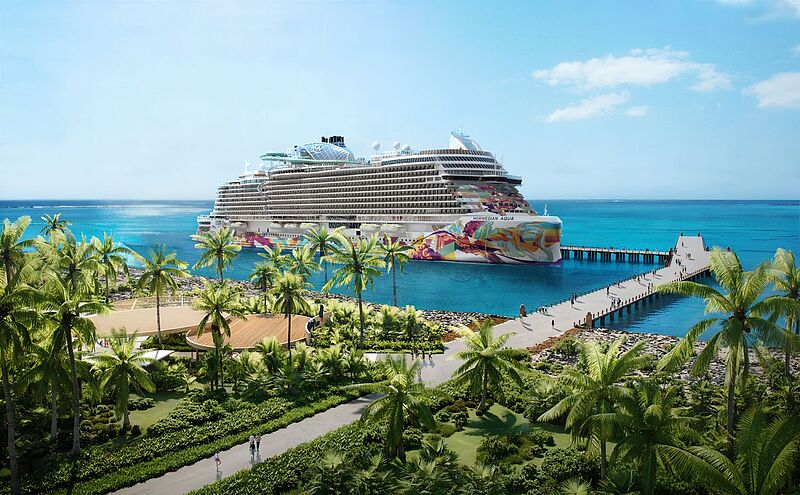 Rendering eines Kreuzfahrtschiffs der Norwegian Cruise Line („Norwegian Aqua“) am neu gestalteten Pier der Privatinsel Great Stirrup Cay auf den Bahamas. Im Vordergrund üppige tropische Vegetation mit Palmen, Spazierwegen und Pavillons, im Hintergrund das türkisfarbene Meer und der moderne Schiffsanleger.