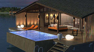 In der Club Med Villenanlage Finolhu Villas können die Gäste wählen, ob sie den Sonnenaufgang oder Sonnenuntergang von ihrer Villa bestaunen möchten