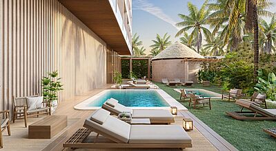 Mehrere beige Liegen und Stühle umrahmen zwei kleine Pools