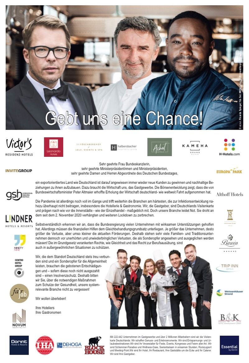 Hoteliers und Gastronomen haben sich mit einer Anzeigen-Kampagne in Tageszeitungen an die Bundesregierung gewendet
