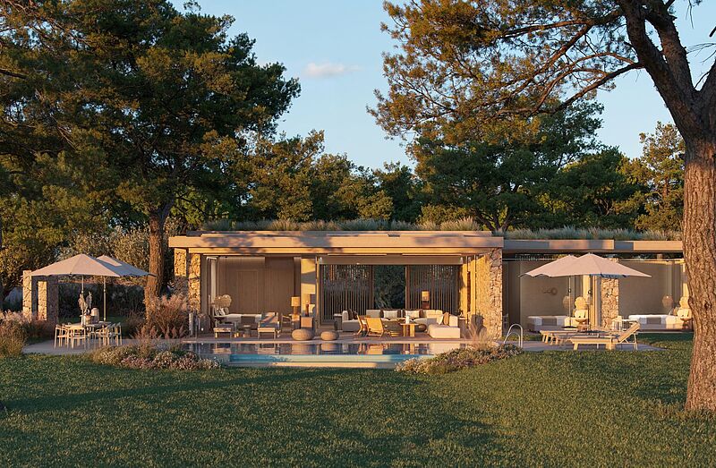 luxuriöse Villa mit privatem Pool im schönen Licht im Ikos Porto Petro Resort auf Mallorca – modernes Design, Sonnenterrassen und mediterrane Natur für exklusiven Urlaub in Spanien