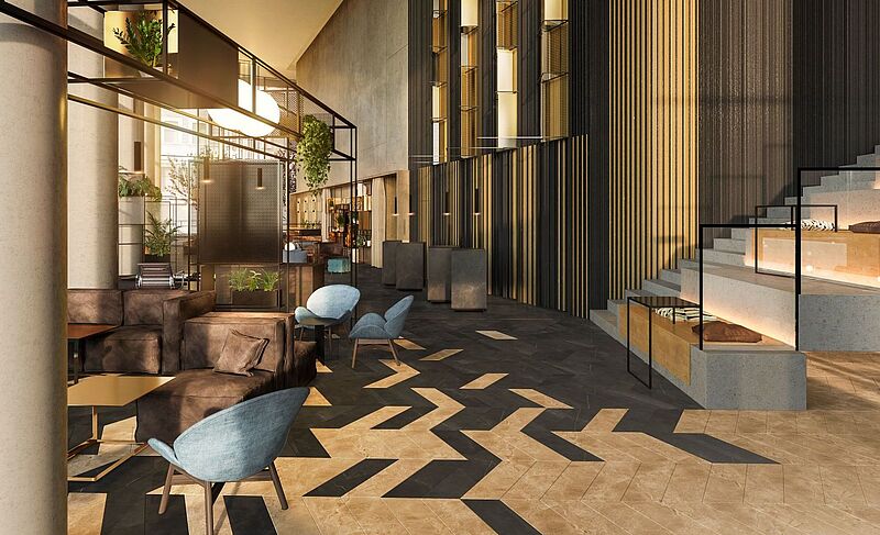 Das NH Collection Frankfurt Spin Tower bietet eine elf Meter hohe Lobby