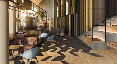 Das NH Collection Frankfurt Spin Tower bietet eine elf Meter hohe Lobby