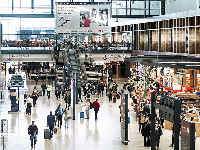 Trotz jetzt voller Terminals: Das Passagieraufkommen an deutschen Airports wie dem BER lag im ersten Halbjahr noch deutlich unter dem Vorkrisenniveau. Foto: Flughafen Berlin Brandenburg