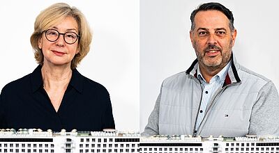 Neue Ansprechpartner bei Arosa: Regina Schudrowitz und Wolfgang Wehmeyer Zwei Porträtfotos zeigen eine Frau Mitte sechzig mit blondem, schulterlangem Haar, schwarzer Brille und schwarzem Kleid, die freundlich in die Kamera blickt, und einen etwa gleichaltrigen Mann mit kurzem dunklem Haar und Dreitagebart, der eine helle Jacke trägt und ebenfalls nach vorn schaut.