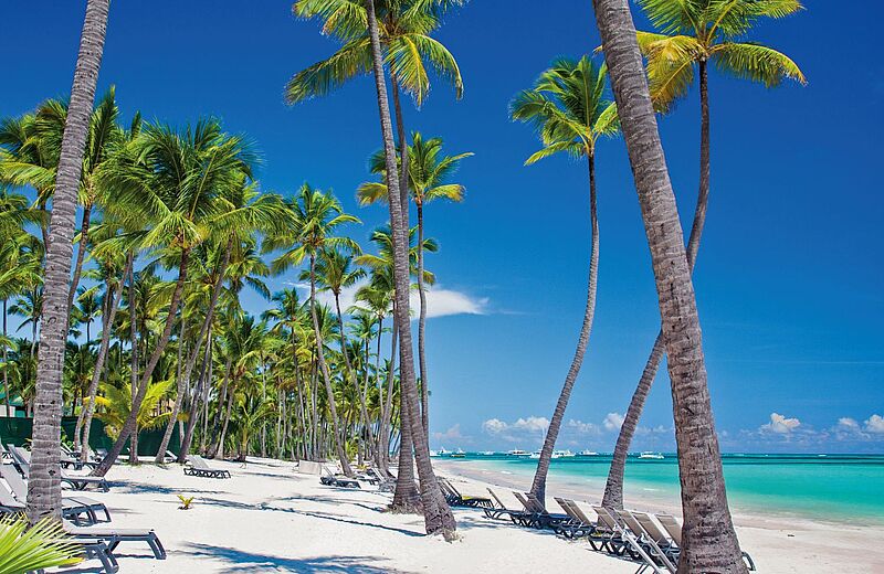 Liegestuhl am Strand mit Blick auf türkisfarbenes Meer, Palmen wiegen sich im Wind.