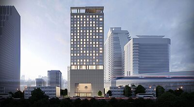 Modell eines aufragenden Hotelneubaus