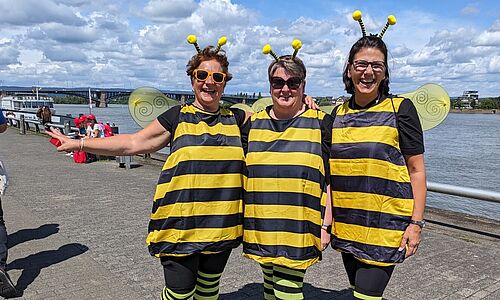 Drei Frauen stehen lachend nebeneinander an einem Uferweg und tragen passende Bienenkostüme mit gelb-schwarzen Streifen, Flügeln und Fühlern mit gelben Pompons. Sie tragen gestreifte Leggings und sportliche Schuhe. Im Hintergrund ist ein Fluss, ein Schiff und eine Brücke zu sehen. Es ist ein sonniger Tag mit teils bewölktem Himmel.