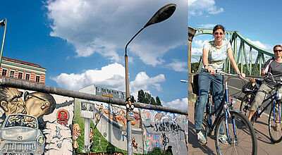 1990 wurde die East Side Gallery von Künstlern aus der ganzen Welt bemalt. Am besten ist man auf dem 165 Kilometer langen Mauerweg mit dem Fahrrad unterwegs.