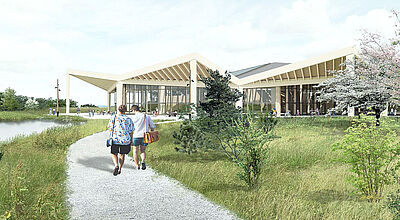 Visualisierung eines Ferienparks, zwei Menschen laufen entlang eines Wegs auf ein Gebäude zu