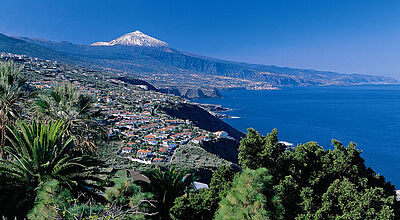 Panoramablick auf das grüne Orotava-Tal auf Teneriffa mit dem schneebedeckten Teide im Hintergrund. Im Vordergrund stehen Palmen und dichte Vegetation, während sich weiße und rote Häuser über die Hügellandschaft verteilen. Rechts erstreckt sich der Atlantische Ozean unter einem klaren, blauen Himmel.