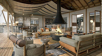 Lounge-Bar in der JW Marriott Masai Mara Lodge in Kenia. Modell: Marriott