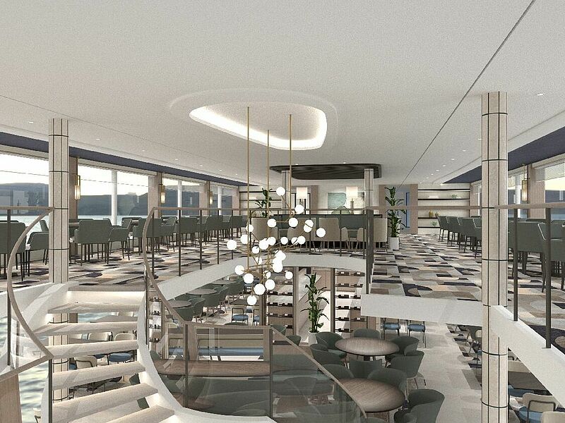 Der Neubau Viva Two mit offen gestaltetem Lounge- und Restaurantbereich kreuzt ab Juli 2022 auf der Donau. Modell: Viva Cruises