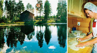 In Karelien säumen Seen und Häuser aus dicken dunklen Baumstämmen den Straßenrand. Original karelische Piroggen kann man im Bomba Village kosten.
