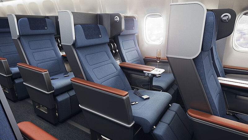 Bei Lufthansa sind die neuen Sitze der Premium Economy in blau, anthrazit und braun gehalten. Foto: Lufthansa