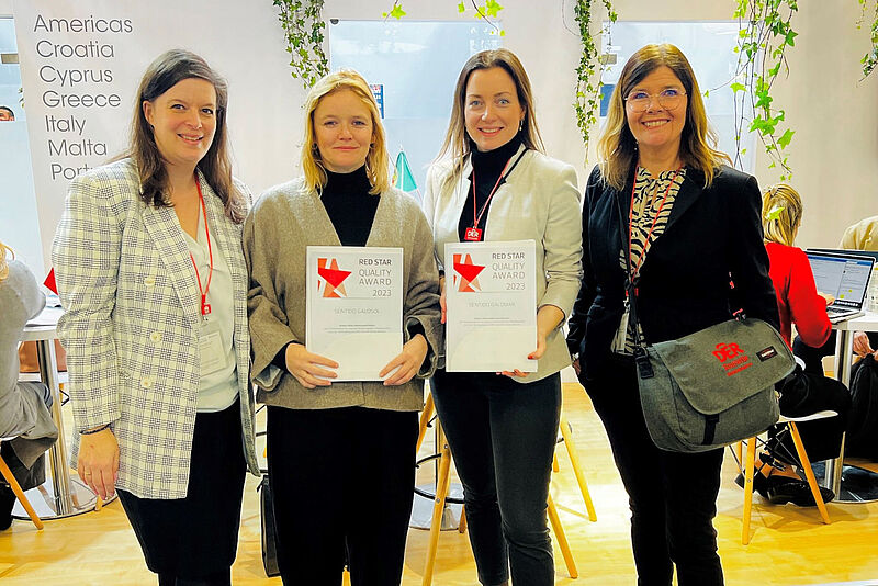 Urkundenübergabe auf der ITB für das Sentido Galomar und das Sentido Galosol: Diana Sieger-Rother (DER Touristik Hotels & Resorts), Catarina Nobrega (Sentido Galo Resort), Tamara Kehrbach (Dertour Head of Spain & Portugal) und Charlotte Levinsohn-Helbach (DER Touristik Hotels & Resorts)