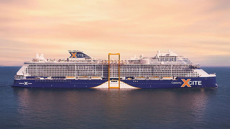 Visualisierung eines zukünftigen Kreuzfahrtschiffes, auf dessen blauem Bug der Name Celebrity Xcite prangt.