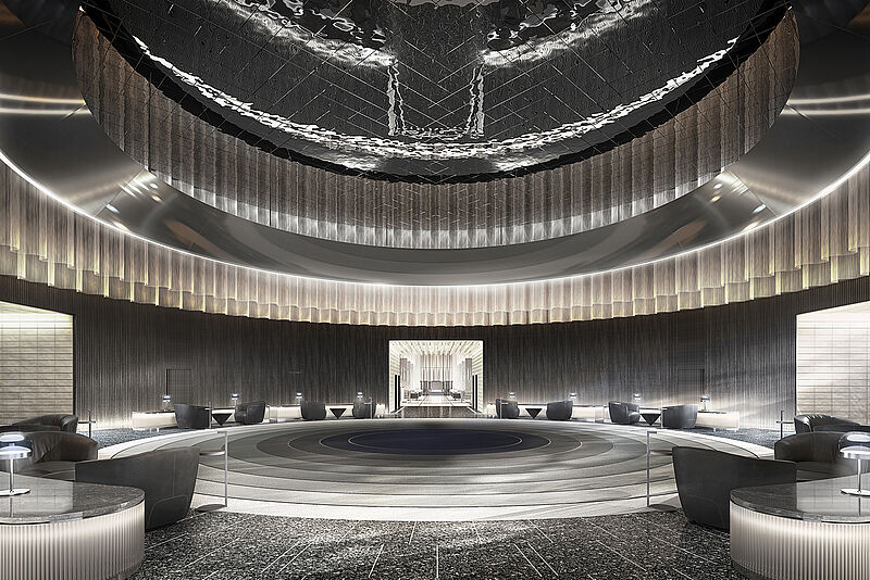 Die Welcome Area „The Platz“ soll das Herz der Steigenberger Porsche Design Hotels werden
