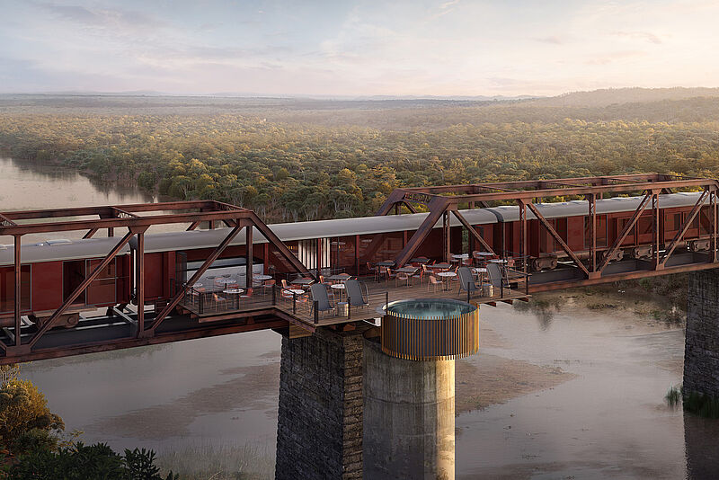 Ein neues Luxushotel entsteht in einem Zug, der auf einer Brücke über den Sabi River steht