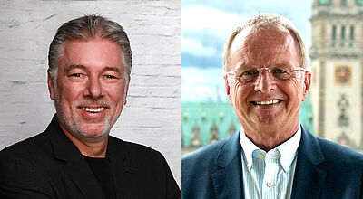 Die erfahrenen Touristiker Kai-Uwe Finger (links) und Thomas Heinrich verstärken das Team von H&P Touristik Zwei Männer im Anzug sind nebeneinander auf einem geteilten Foto zu sehen, links vor einer weißen Backsteinwand und rechts vor einem historischen Gebäude mit Turm.
