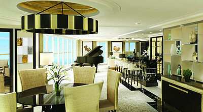 Die Regent-Suite – hier auf der Sevens Seas Explorer – bietet 413 Quadratmeter Wohnraum und 132 Quadratmeter Außenfläche